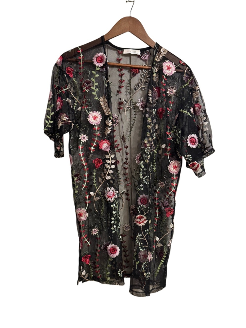 Glance Sheer Mesh Embroidered Floral Kimono Cardigan